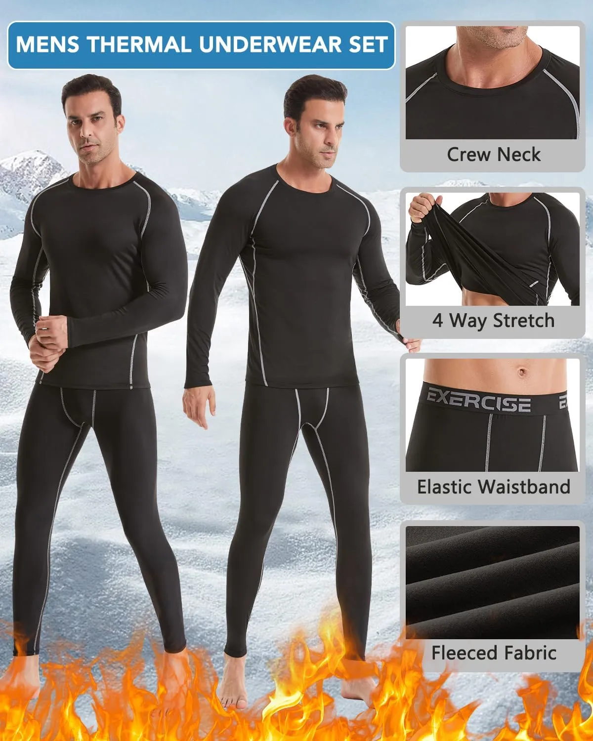 2 Pack Thermal Underwear for Men Long Johns Fleece Lined Compression Pants Base Layer Cold Weather Top Bottom