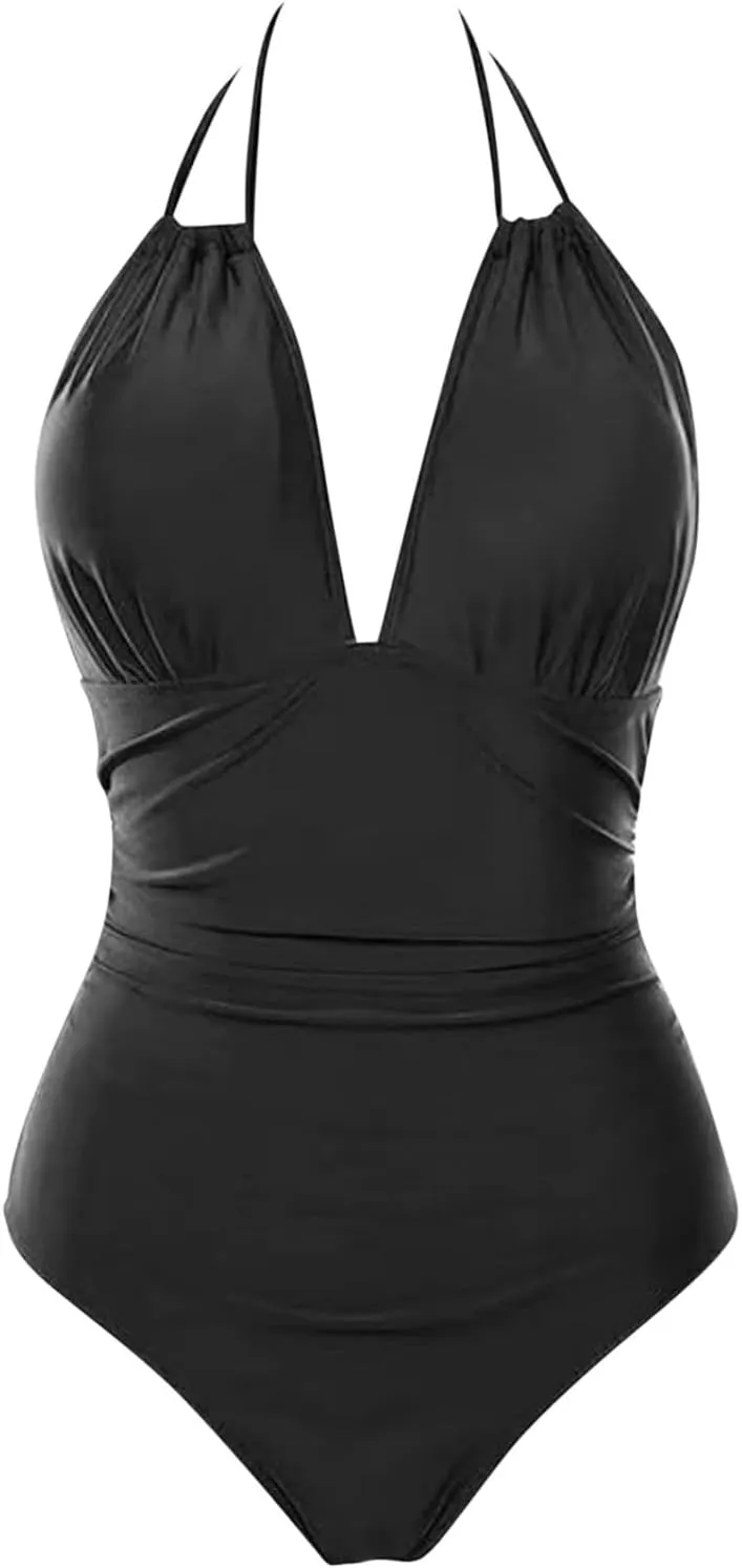 2024 Women's Slimming One Piece Swimsuits Tummy Control Bathing Suit Halter Strappy Swimwear Backless Monokini