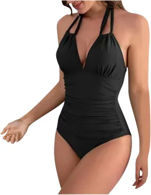2024 Women's Slimming One Piece Swimsuits Tummy Control Bathing Suit Halter Strappy Swimwear Backless Monokini