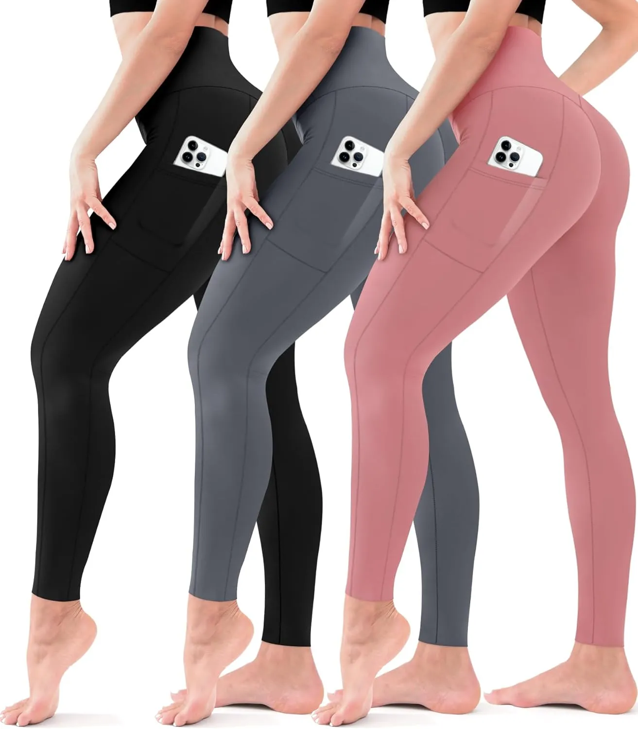 3 Pack Leggings for Women High Waisted - No See Through Tummy Control Cycling Workout Yoga Pants with Pockets Reg & Plus