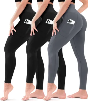 3 Pack Leggings for Women High Waisted - No See Through Tummy Control Cycling Workout Yoga Pants with Pockets Reg & Plus