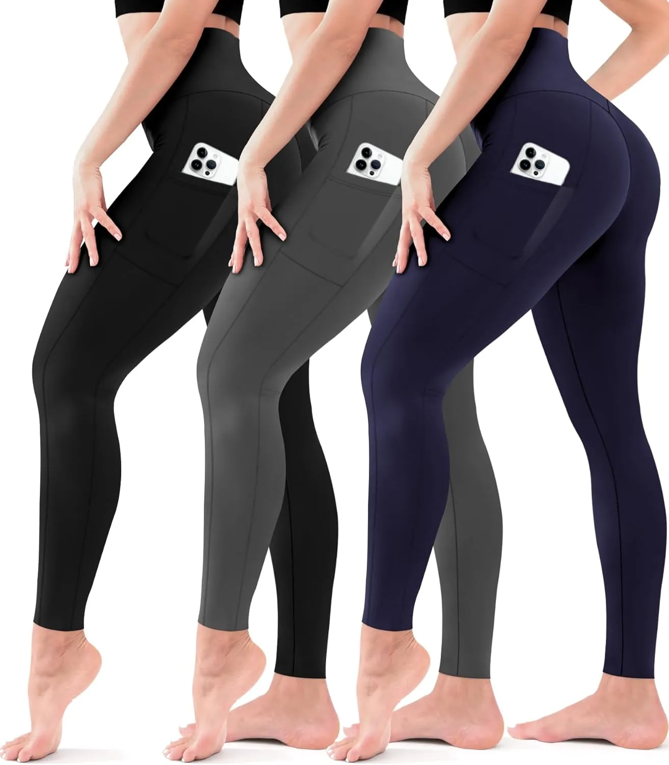 3 Pack Leggings for Women High Waisted - No See Through Tummy Control Cycling Workout Yoga Pants with Pockets Reg & Plus