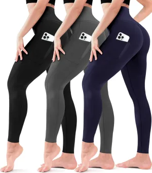 3 Pack Leggings for Women High Waisted - No See Through Tummy Control Cycling Workout Yoga Pants with Pockets Reg & Plus