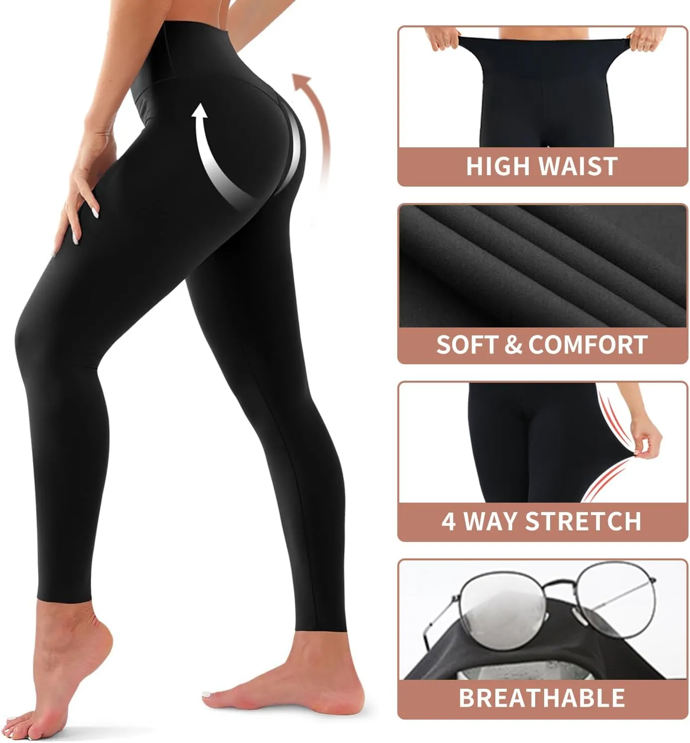 4 Pack Leggings for Women - High Waisted Full Length Buttery Soft Yoga Pants for Workout Athletic Daily