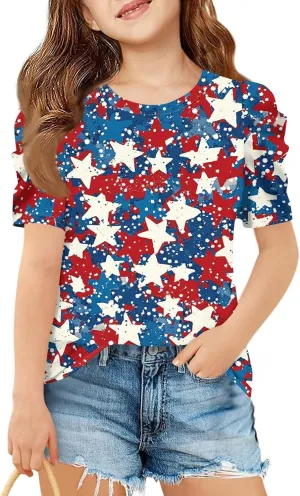 4Th of July Shirt Girls Tops Summer Short Sleeve Tshirts USA Star Stripes Funny Blouse Trendy Tees 2-12 Years