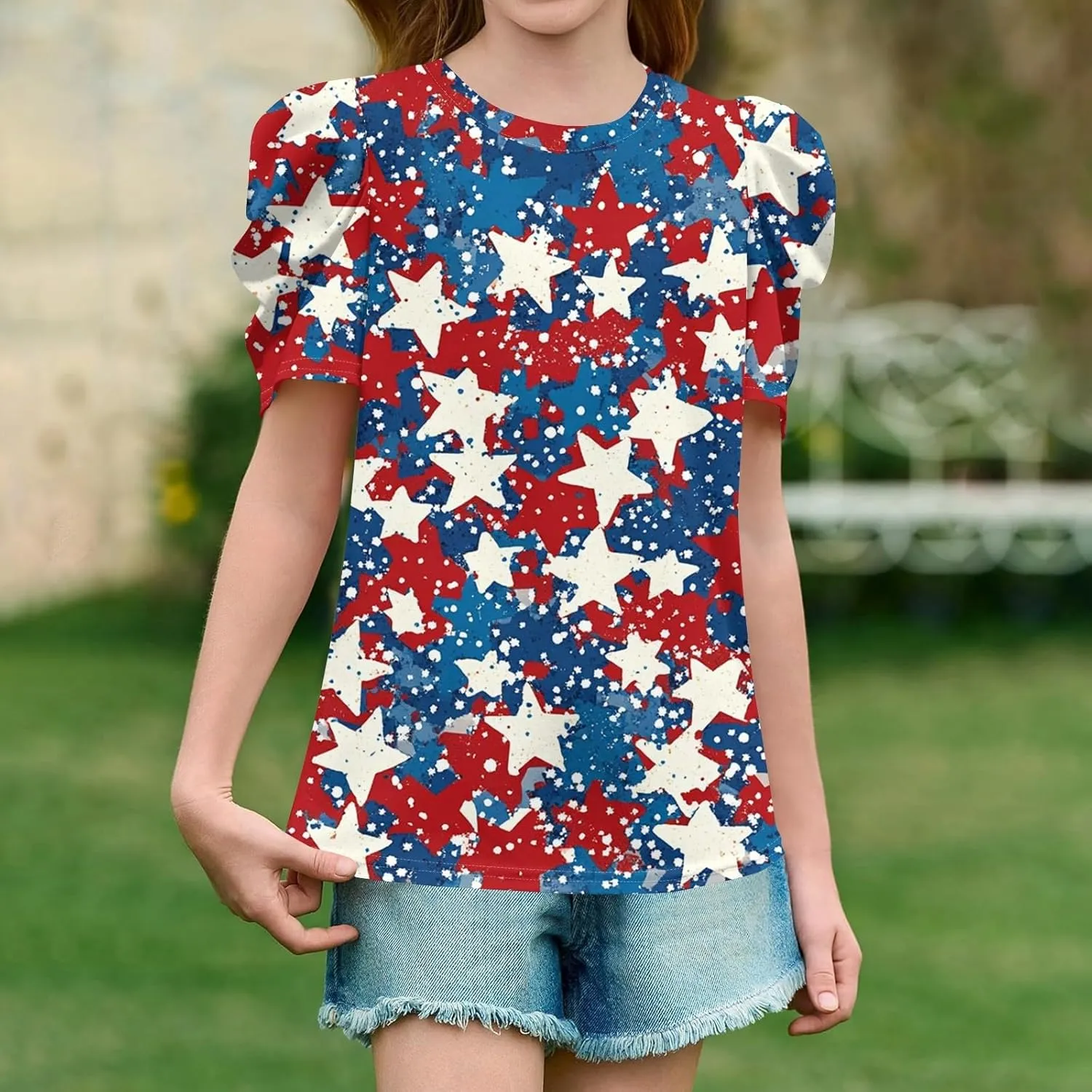 4Th of July Shirt Girls Tops Summer Short Sleeve Tshirts USA Star Stripes Funny Blouse Trendy Tees 2-12 Years