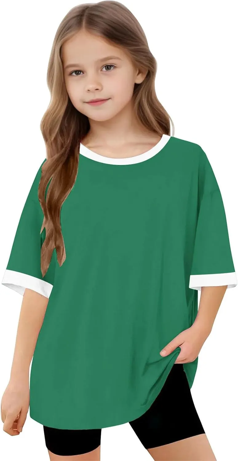 5-15T Boys and Girls Cute Tops Fashion Contrast Short Sleeves O-Neck Oversized Shirts Soft Comfy Tees Pullover