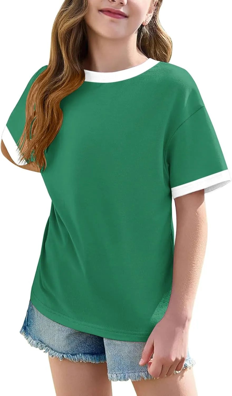5-15T Boys and Girls Cute Tops Fashion Contrast Short Sleeves O-Neck Oversized Shirts Soft Comfy Tees Pullover