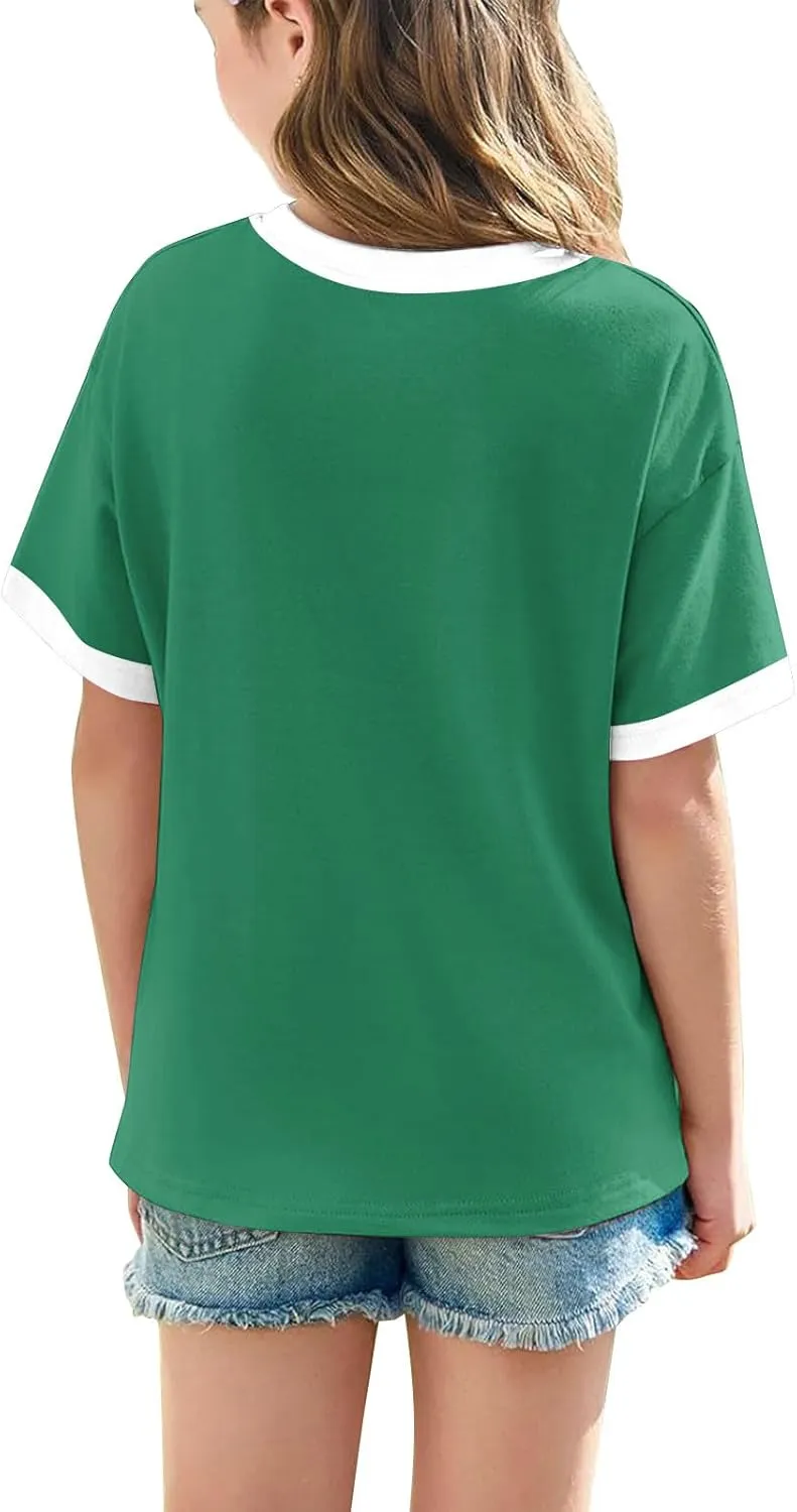 5-15T Boys and Girls Cute Tops Fashion Contrast Short Sleeves O-Neck Oversized Shirts Soft Comfy Tees Pullover