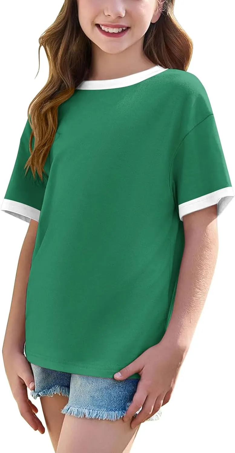 5-15T Boys and Girls Cute Tops Fashion Contrast Short Sleeves O-Neck Oversized Shirts Soft Comfy Tees Pullover