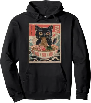 Anime Cat Ramen Japanese Funny Graphic Tees Kawaii Cat Anime Pullover Hoodie