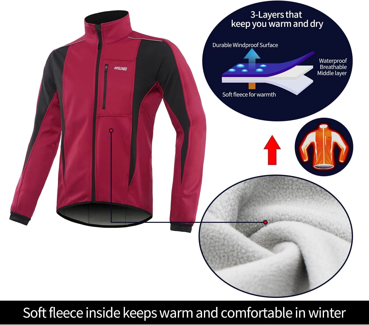 ARSUXEO Winter Warm UP Thermal Softshell Cycling Jacket Windproof Waterproof 15-k