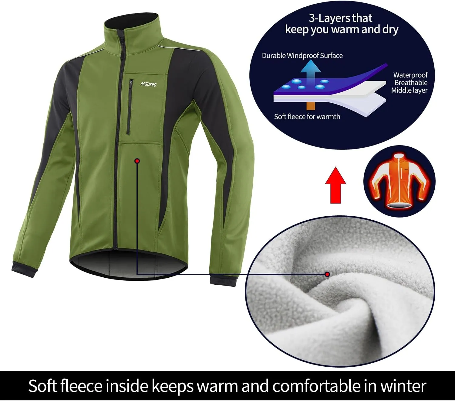 ARSUXEO Winter Warm UP Thermal Softshell Cycling Jacket Windproof Waterproof 15-k