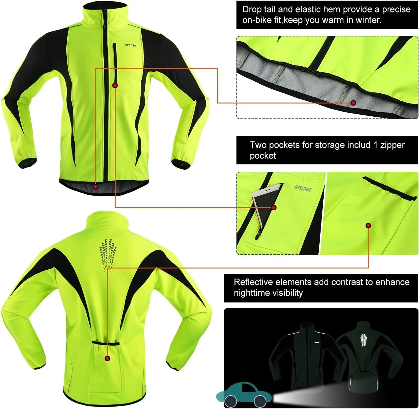 ARSUXEO Winter Warm UP Thermal Softshell Cycling Jacket Windproof Waterproof 15-k