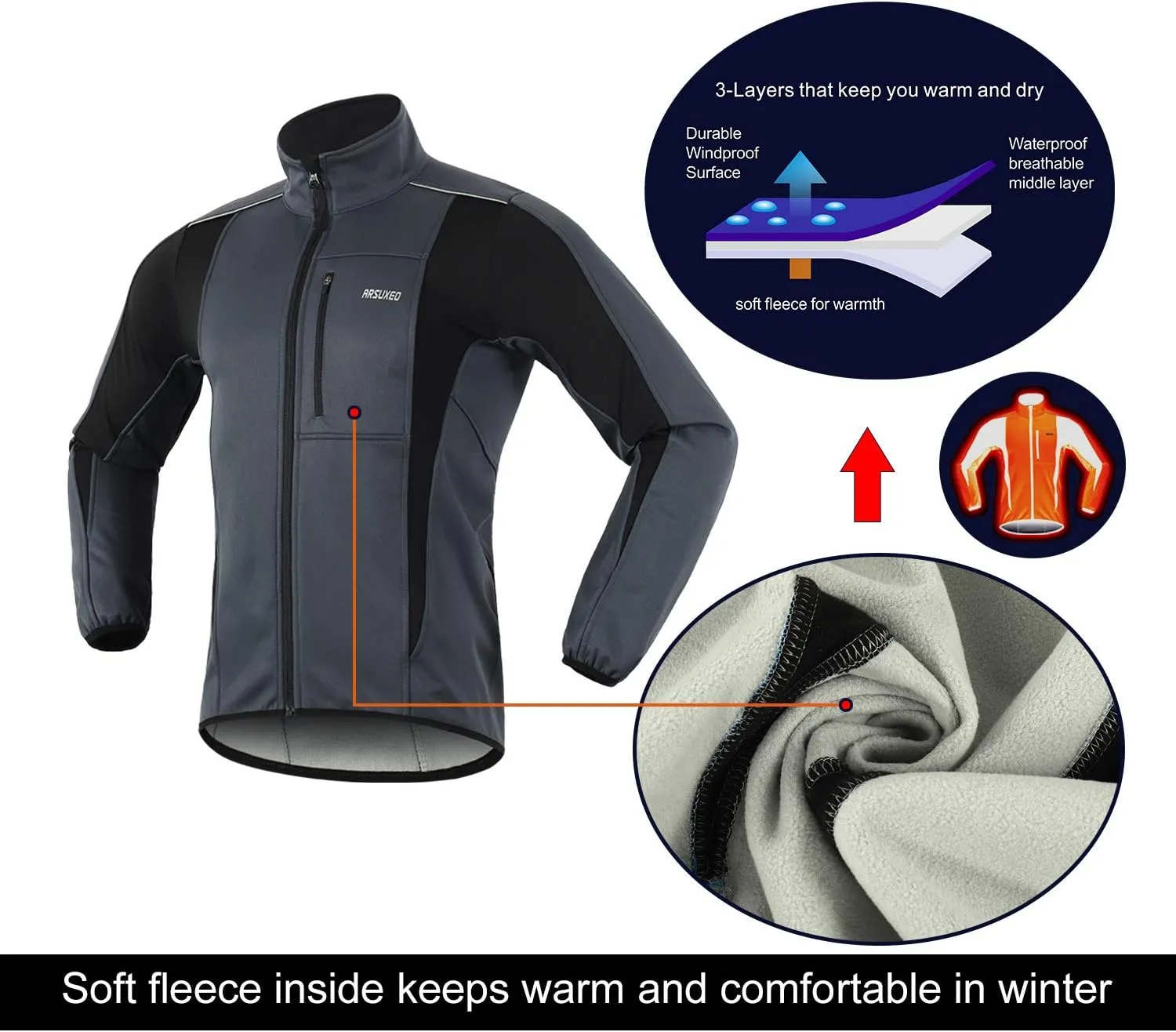 ARSUXEO Winter Warm UP Thermal Softshell Cycling Jacket Windproof Waterproof 15-k