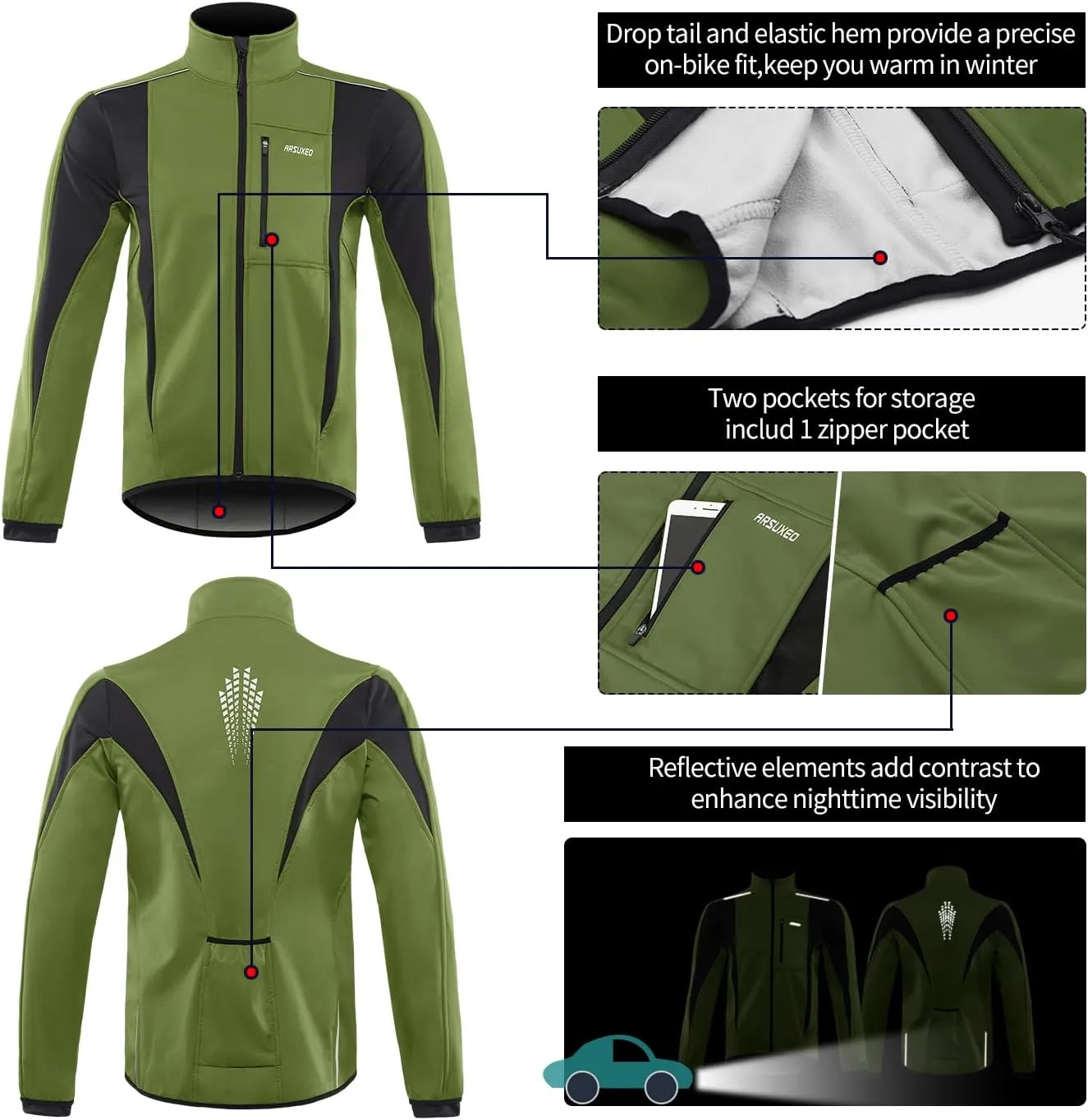 ARSUXEO Winter Warm UP Thermal Softshell Cycling Jacket Windproof Waterproof 15-k