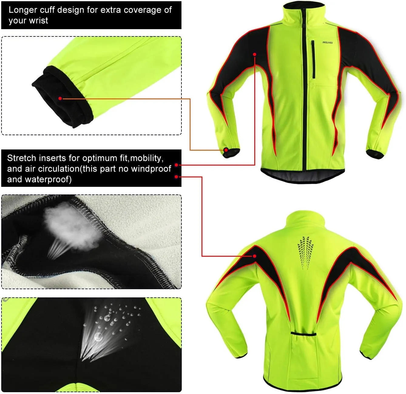 ARSUXEO Winter Warm UP Thermal Softshell Cycling Jacket Windproof Waterproof 15-k