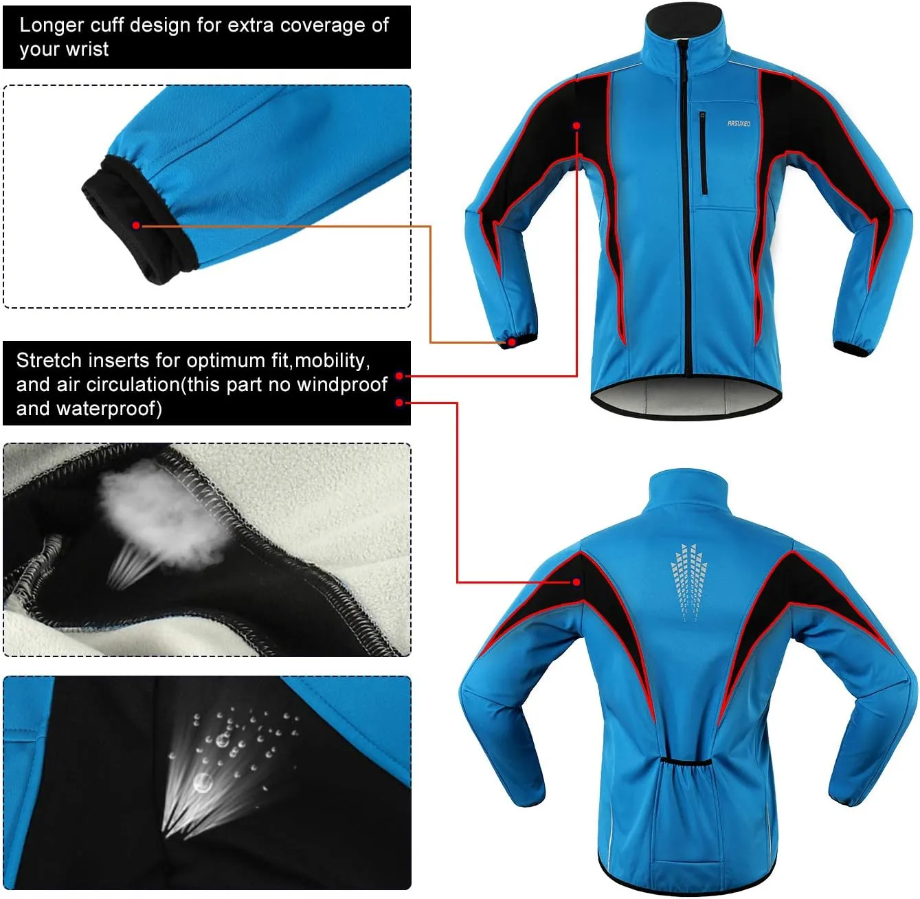 ARSUXEO Winter Warm UP Thermal Softshell Cycling Jacket Windproof Waterproof 15-k