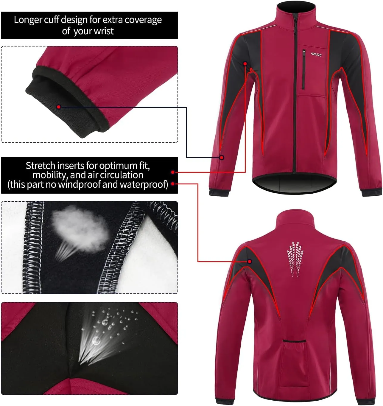 ARSUXEO Winter Warm UP Thermal Softshell Cycling Jacket Windproof Waterproof 15-k