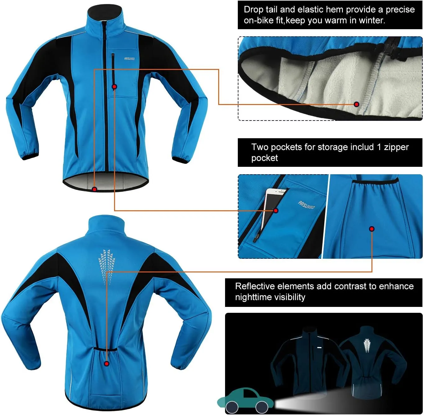 ARSUXEO Winter Warm UP Thermal Softshell Cycling Jacket Windproof Waterproof 15-k