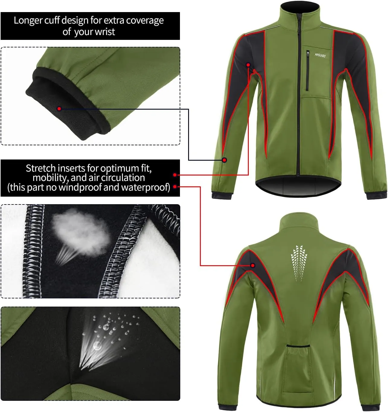 ARSUXEO Winter Warm UP Thermal Softshell Cycling Jacket Windproof Waterproof 15-k