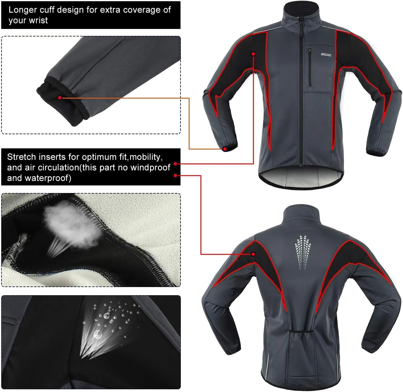 ARSUXEO Winter Warm UP Thermal Softshell Cycling Jacket Windproof Waterproof 15-k