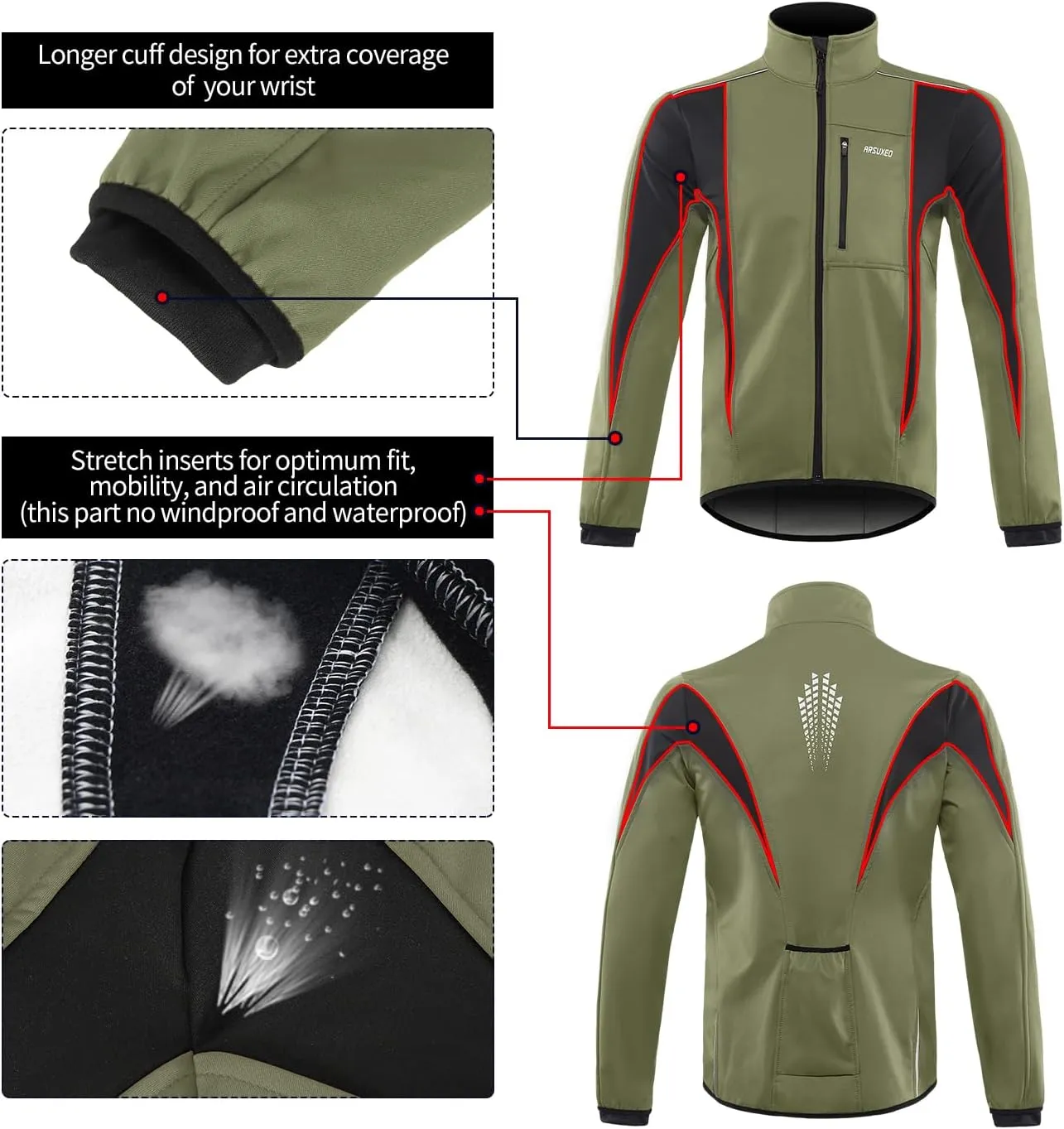 ARSUXEO Winter Warm UP Thermal Softshell Cycling Jacket Windproof Waterproof 15-k