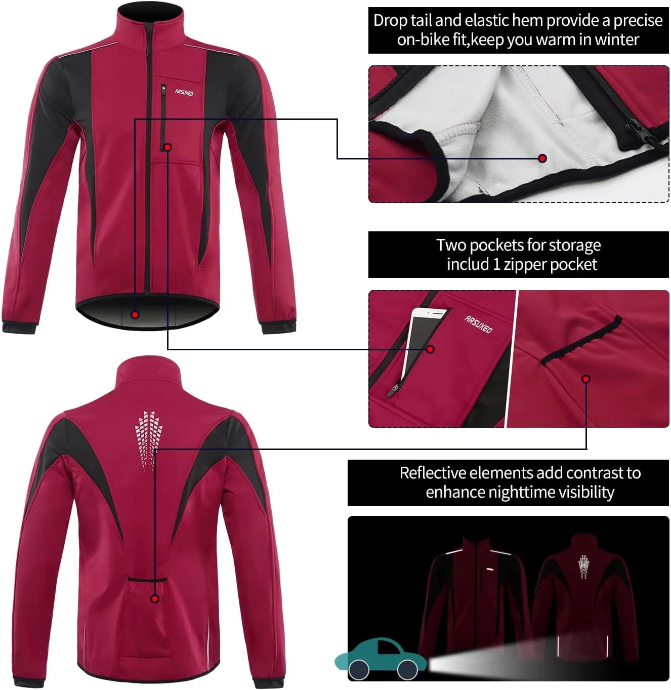ARSUXEO Winter Warm UP Thermal Softshell Cycling Jacket Windproof Waterproof 15-k
