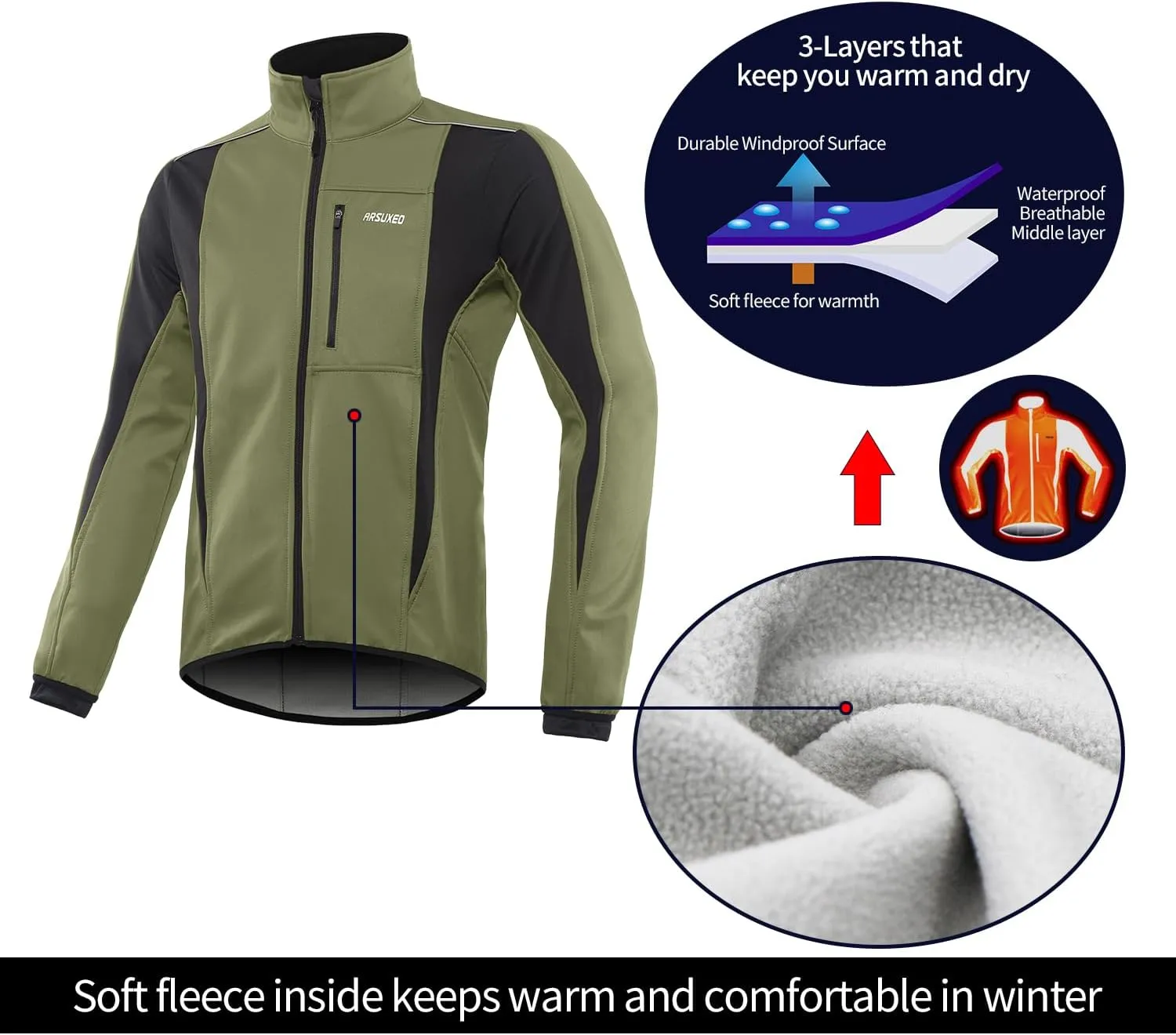 ARSUXEO Winter Warm UP Thermal Softshell Cycling Jacket Windproof Waterproof 15-k