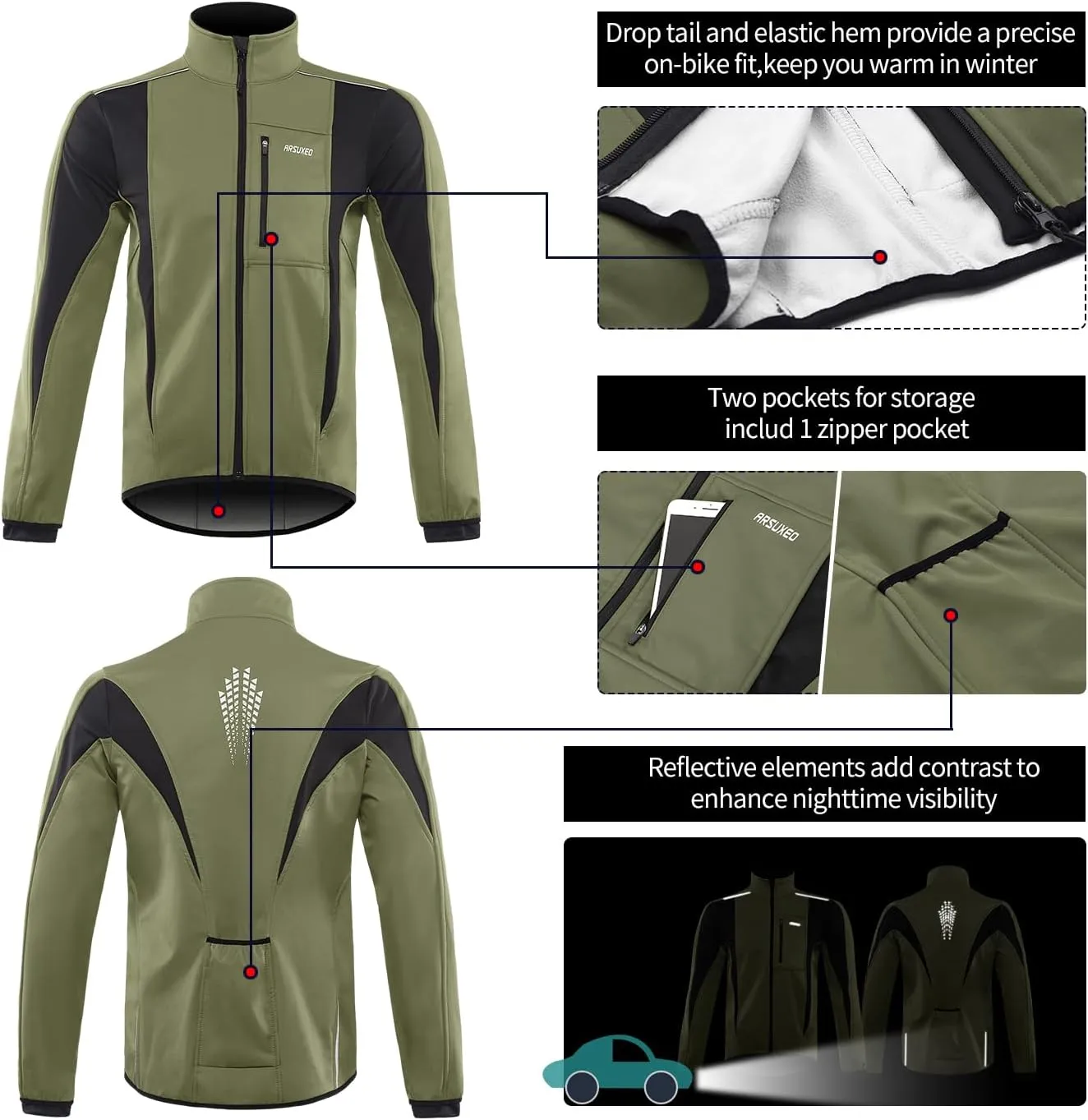 ARSUXEO Winter Warm UP Thermal Softshell Cycling Jacket Windproof Waterproof 15-k