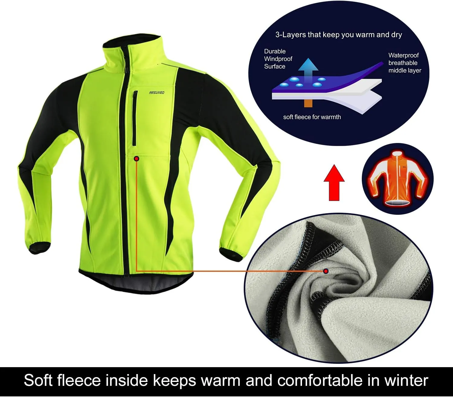 ARSUXEO Winter Warm UP Thermal Softshell Cycling Jacket Windproof Waterproof 15-k
