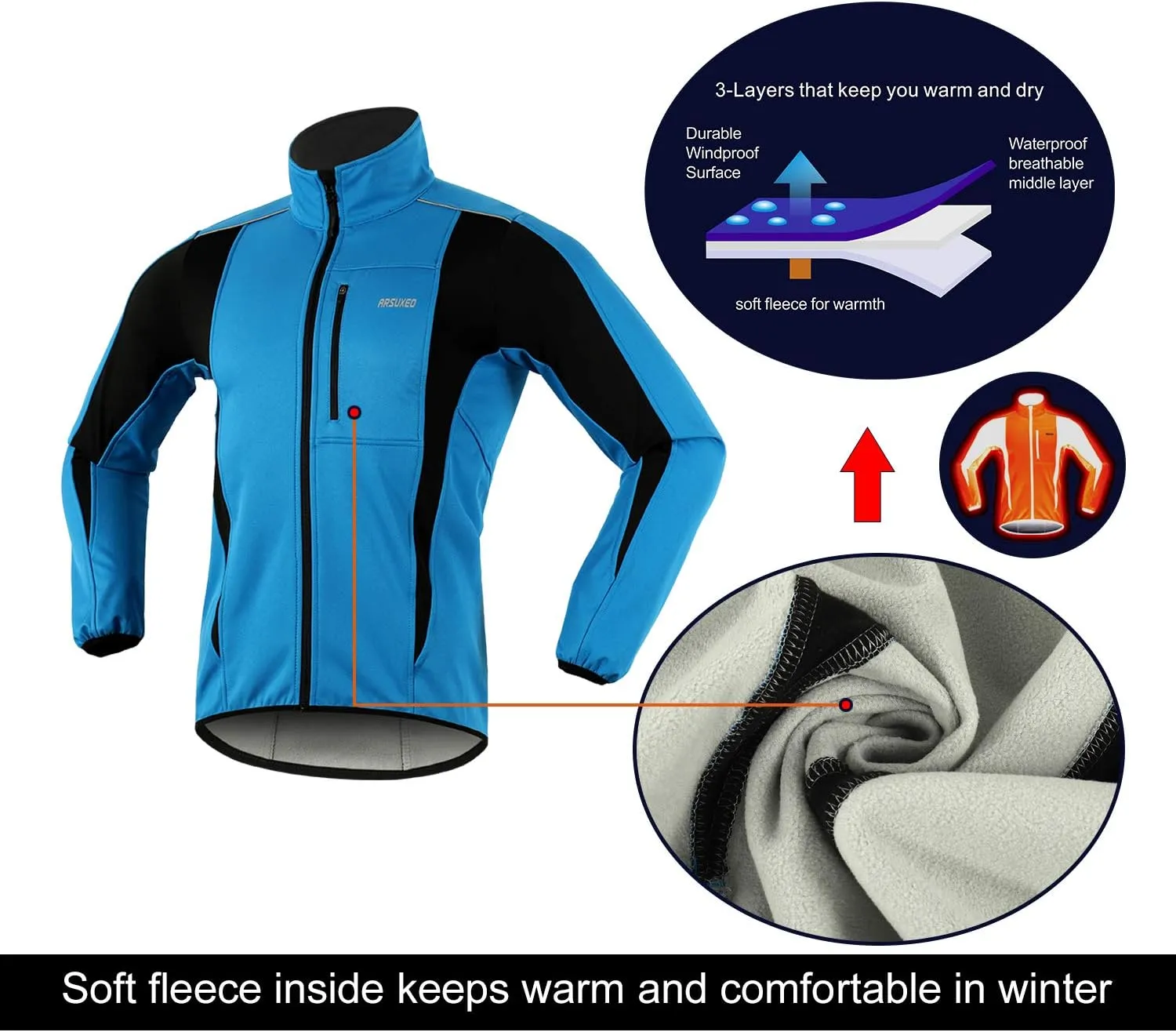 ARSUXEO Winter Warm UP Thermal Softshell Cycling Jacket Windproof Waterproof 15-k