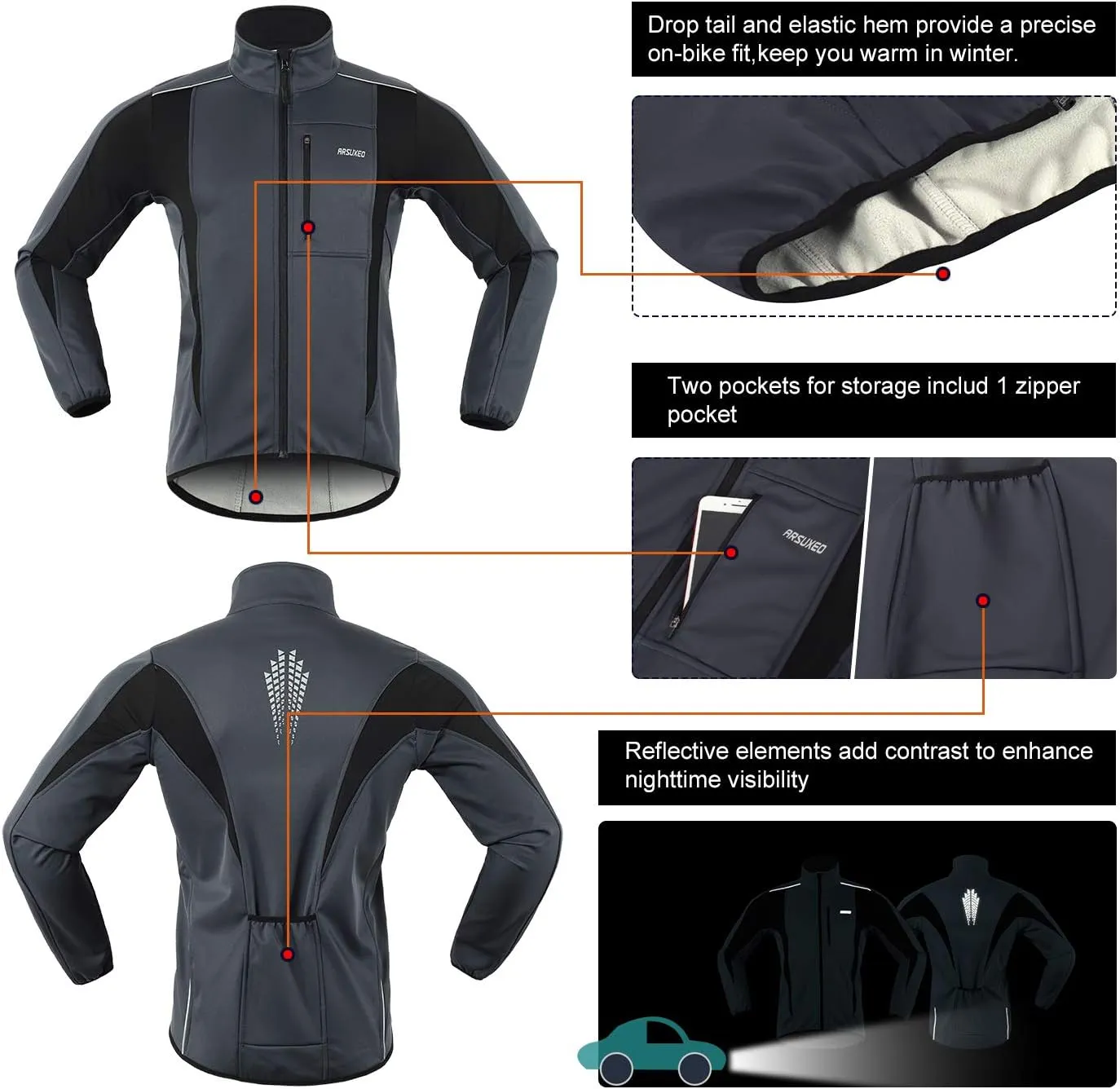 ARSUXEO Winter Warm UP Thermal Softshell Cycling Jacket Windproof Waterproof 15-k
