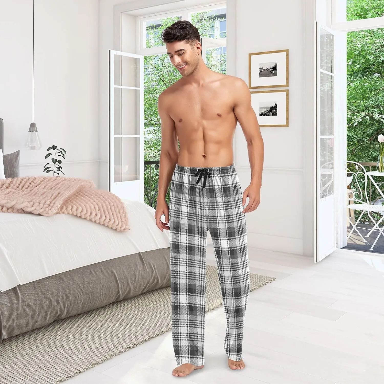 Aslsiy Mens Pajama Pants Black White Ombre Plaid Pajama Bottoms Sleep PJ Pants