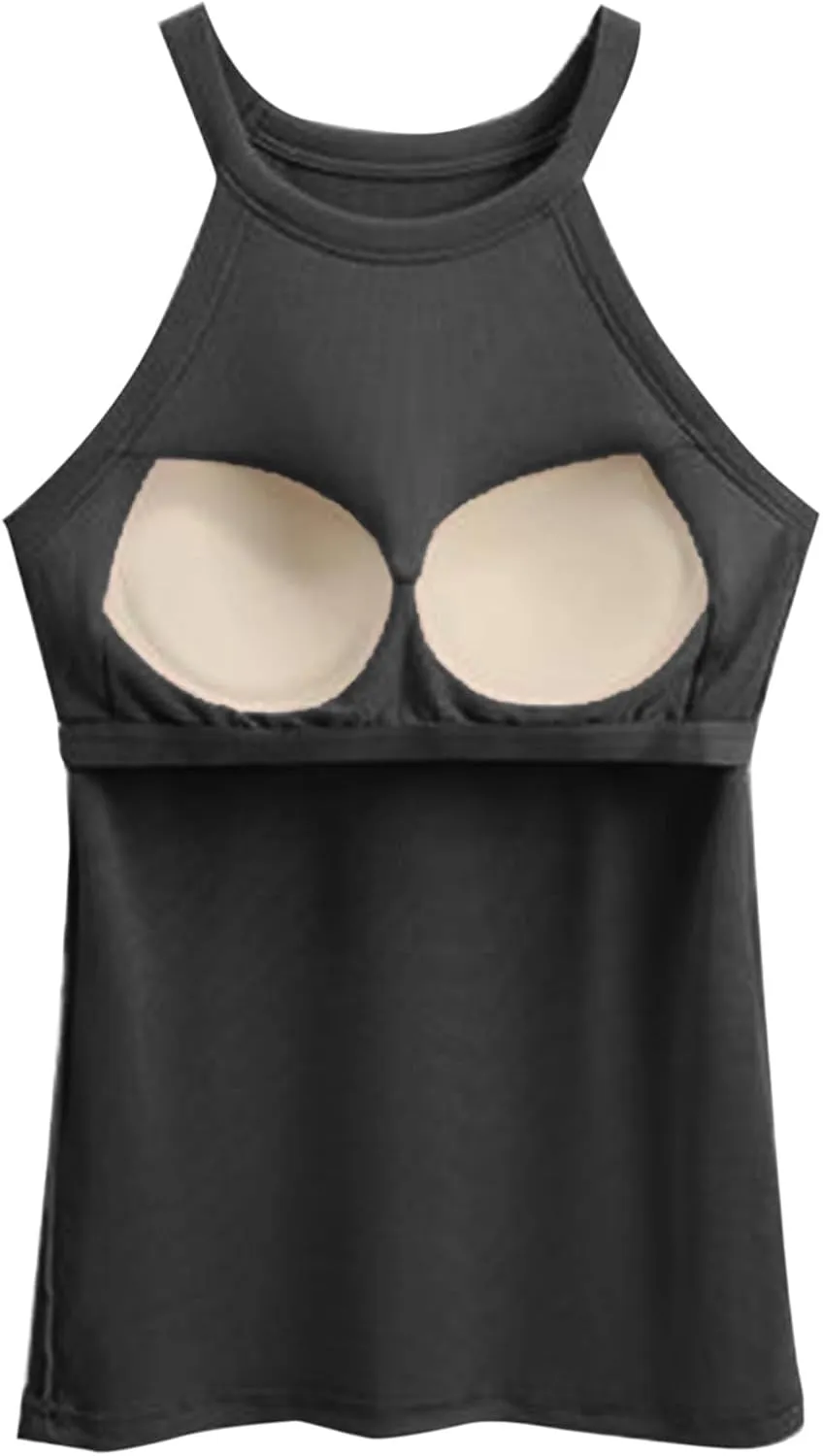Athletic Tank Tops for Women Halter High Neck Sleeveless Cami Shirt Built in Bra Summer Trendy Basic Workout Blouse