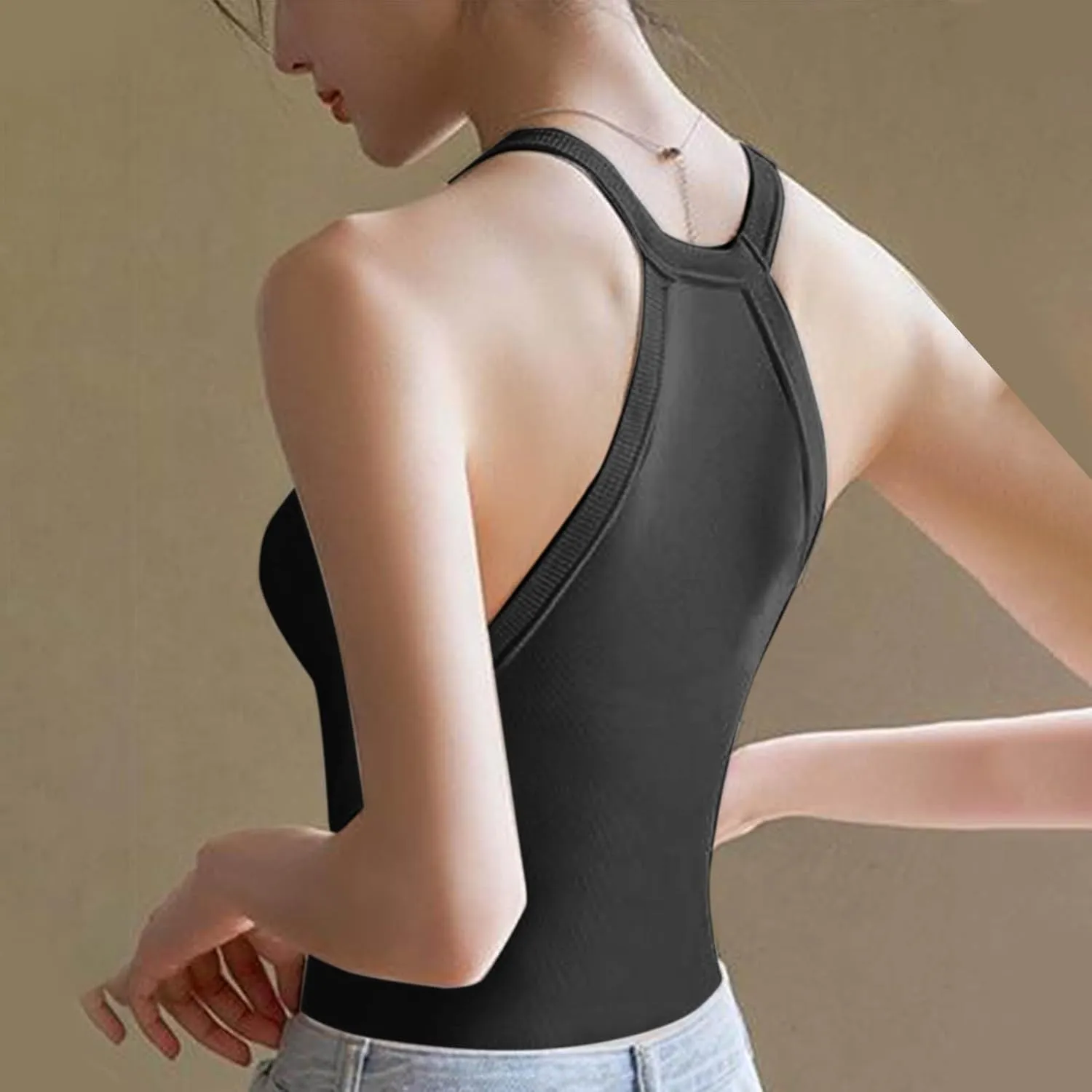 Athletic Tank Tops for Women Halter High Neck Sleeveless Cami Shirt Built in Bra Summer Trendy Basic Workout Blouse
