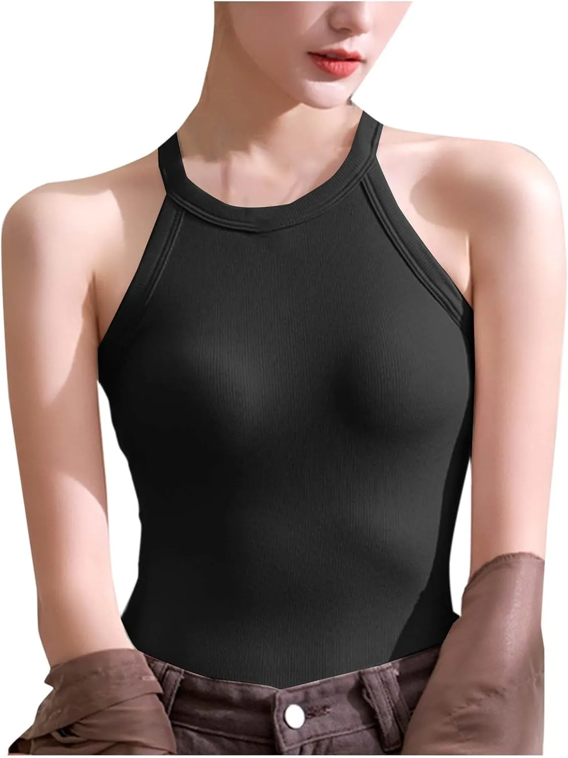 Athletic Tank Tops for Women Halter High Neck Sleeveless Cami Shirt Built in Bra Summer Trendy Basic Workout Blouse