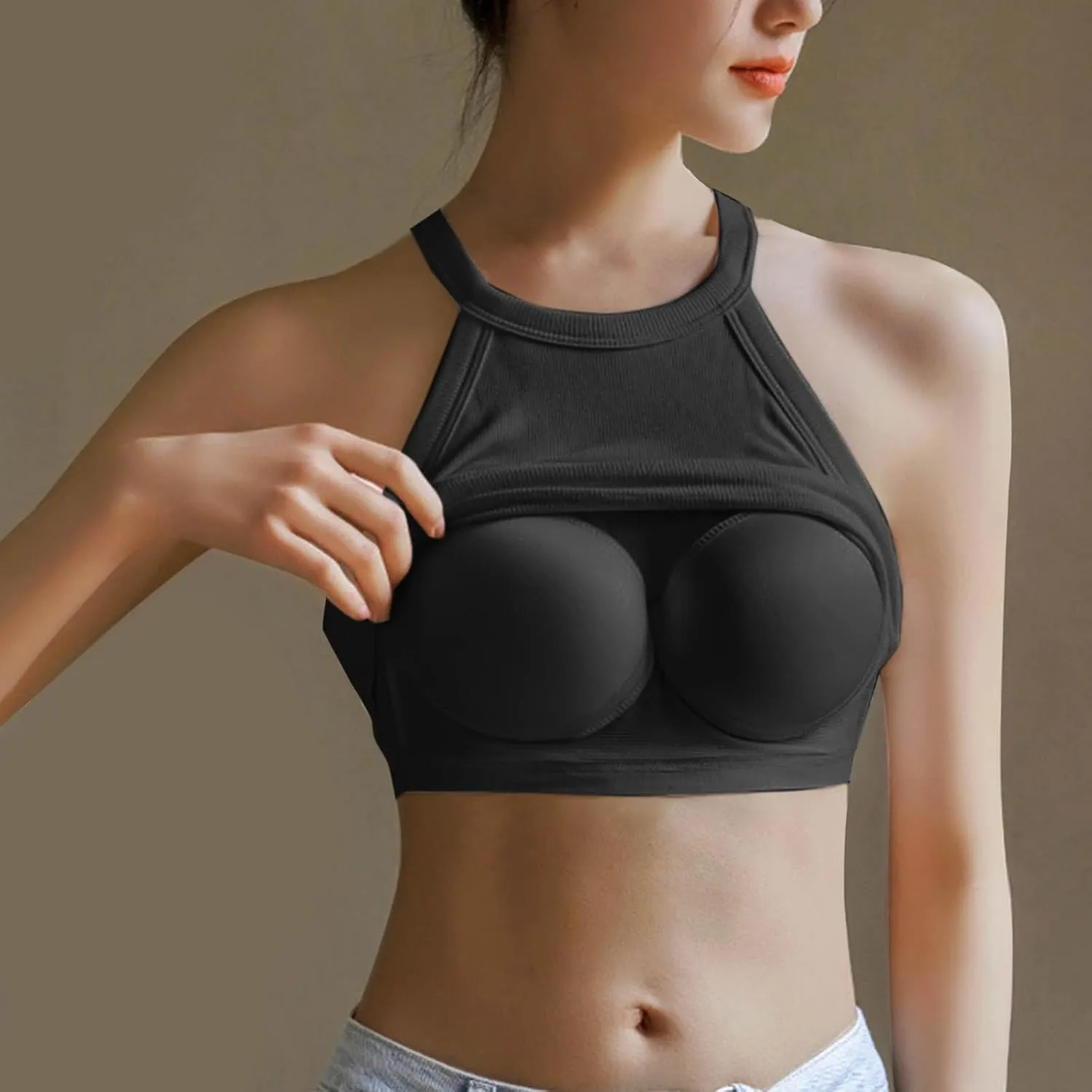 Athletic Tank Tops for Women Halter High Neck Sleeveless Cami Shirt Built in Bra Summer Trendy Basic Workout Blouse