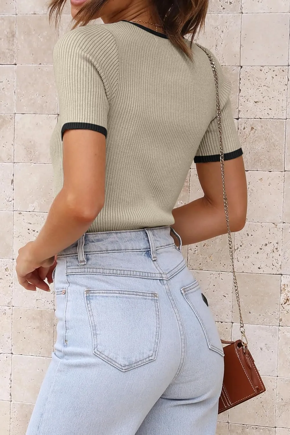 ATHMILE Womens Ribbed Knit T Shirt Casual Crewneck Tops Short Sleeve/Long Sleeve Sweaters Slim Fit Basic Tees