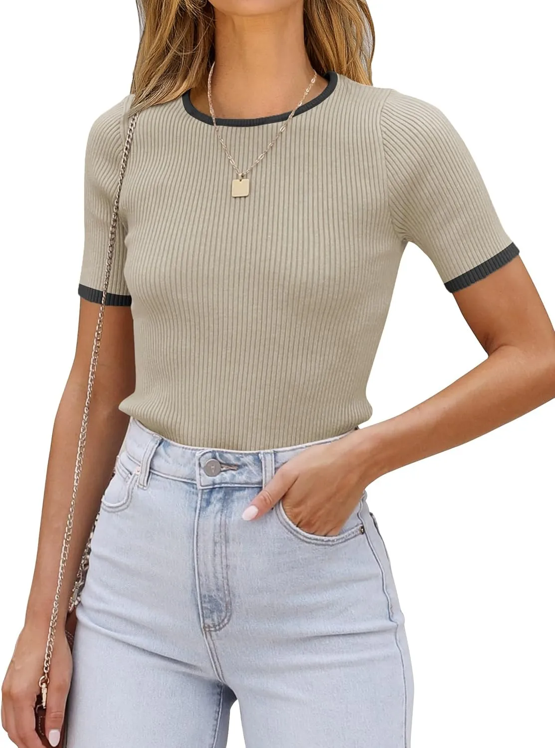 ATHMILE Womens Ribbed Knit T Shirt Casual Crewneck Tops Short Sleeve/Long Sleeve Sweaters Slim Fit Basic Tees