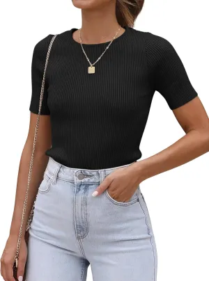 ATHMILE Womens Ribbed Knit T Shirt Casual Crewneck Tops Short Sleeve/Long Sleeve Sweaters Slim Fit Basic Tees