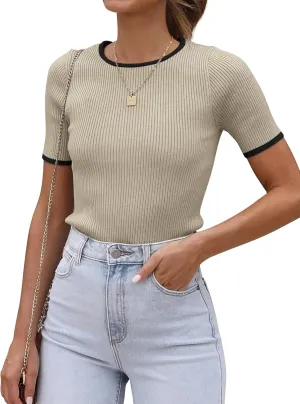ATHMILE Womens Ribbed Knit T Shirt Casual Crewneck Tops Short Sleeve/Long Sleeve Sweaters Slim Fit Basic Tees