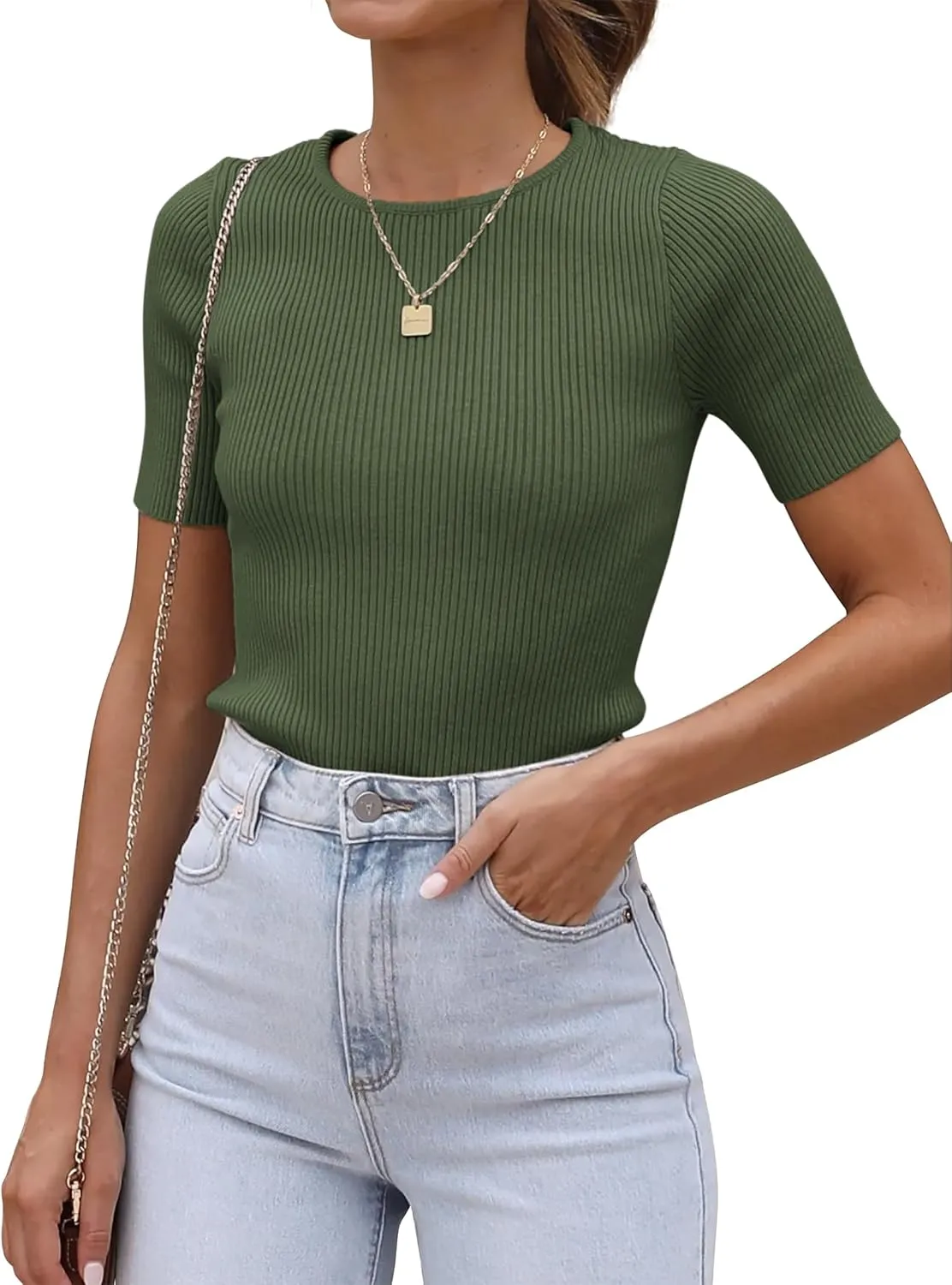 ATHMILE Womens Ribbed Knit T Shirt Casual Crewneck Tops Short Sleeve/Long Sleeve Sweaters Slim Fit Basic Tees