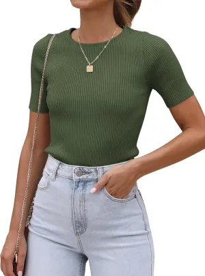ATHMILE Womens Ribbed Knit T Shirt Casual Crewneck Tops Short Sleeve/Long Sleeve Sweaters Slim Fit Basic Tees
