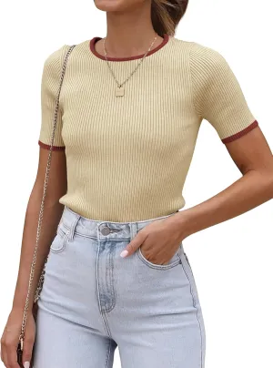 ATHMILE Womens Ribbed Knit T Shirt Casual Crewneck Tops Short Sleeve/Long Sleeve Sweaters Slim Fit Basic Tees