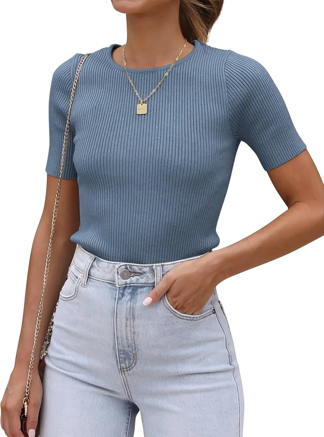 ATHMILE Womens Ribbed Knit T Shirt Casual Crewneck Tops Short Sleeve/Long Sleeve Sweaters Slim Fit Basic Tees