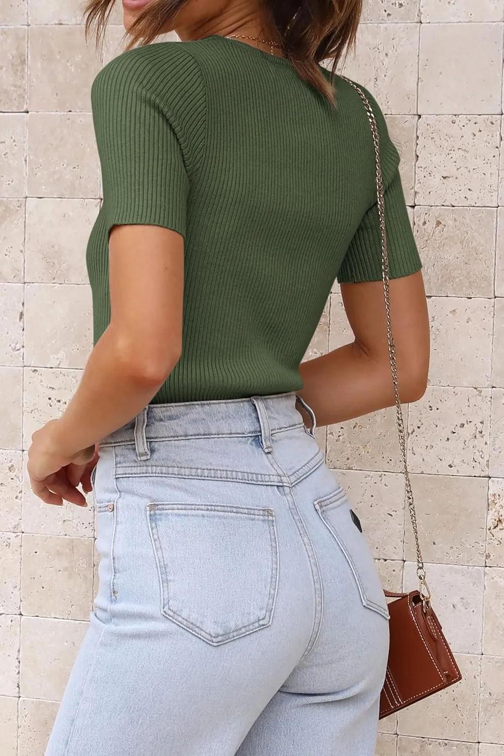 ATHMILE Womens Ribbed Knit T Shirt Casual Crewneck Tops Short Sleeve/Long Sleeve Sweaters Slim Fit Basic Tees