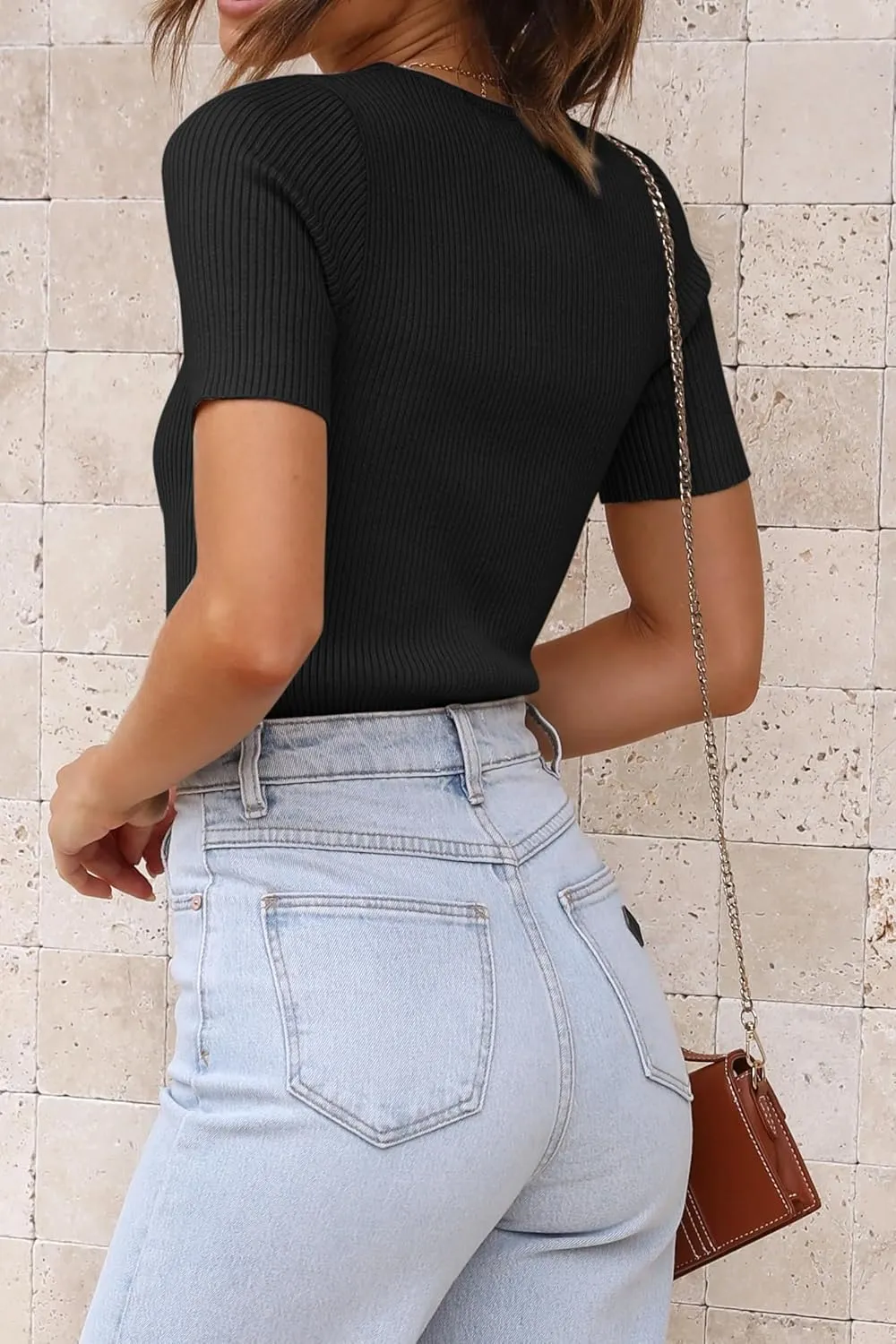 ATHMILE Womens Ribbed Knit T Shirt Casual Crewneck Tops Short Sleeve/Long Sleeve Sweaters Slim Fit Basic Tees