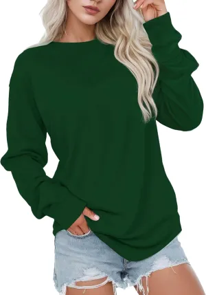 AURUZA Womens Sweatshirts Hoodies Fleece Long Sleeve Crewneck Oversized Pullover Sweaters Casual Crew Neck Fall Clothes Dark Green
