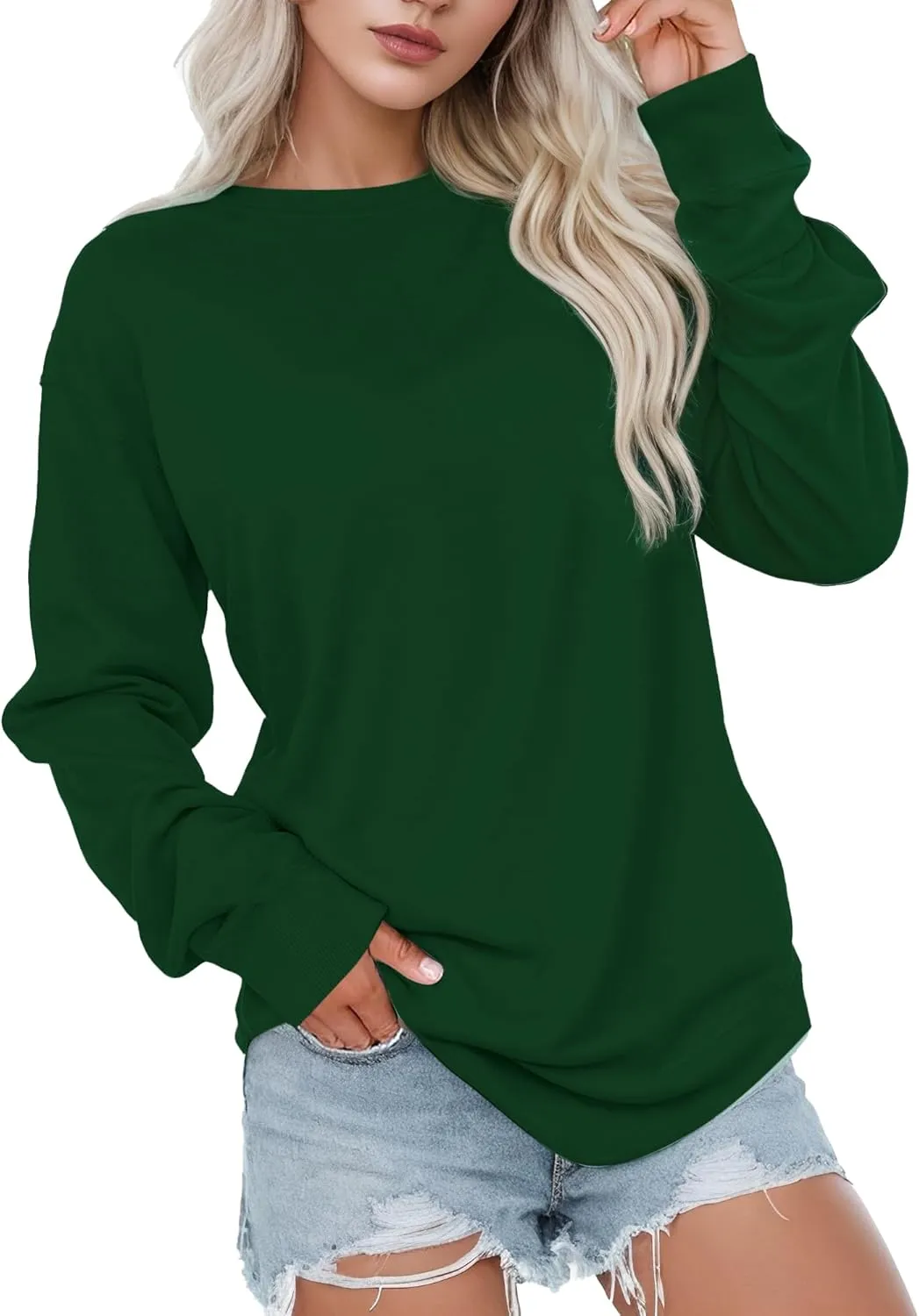 AURUZA Womens Sweatshirts Hoodies Fleece Long Sleeve Crewneck Oversized Pullover Sweaters Casual Crew Neck Fall Clothes Dark Green